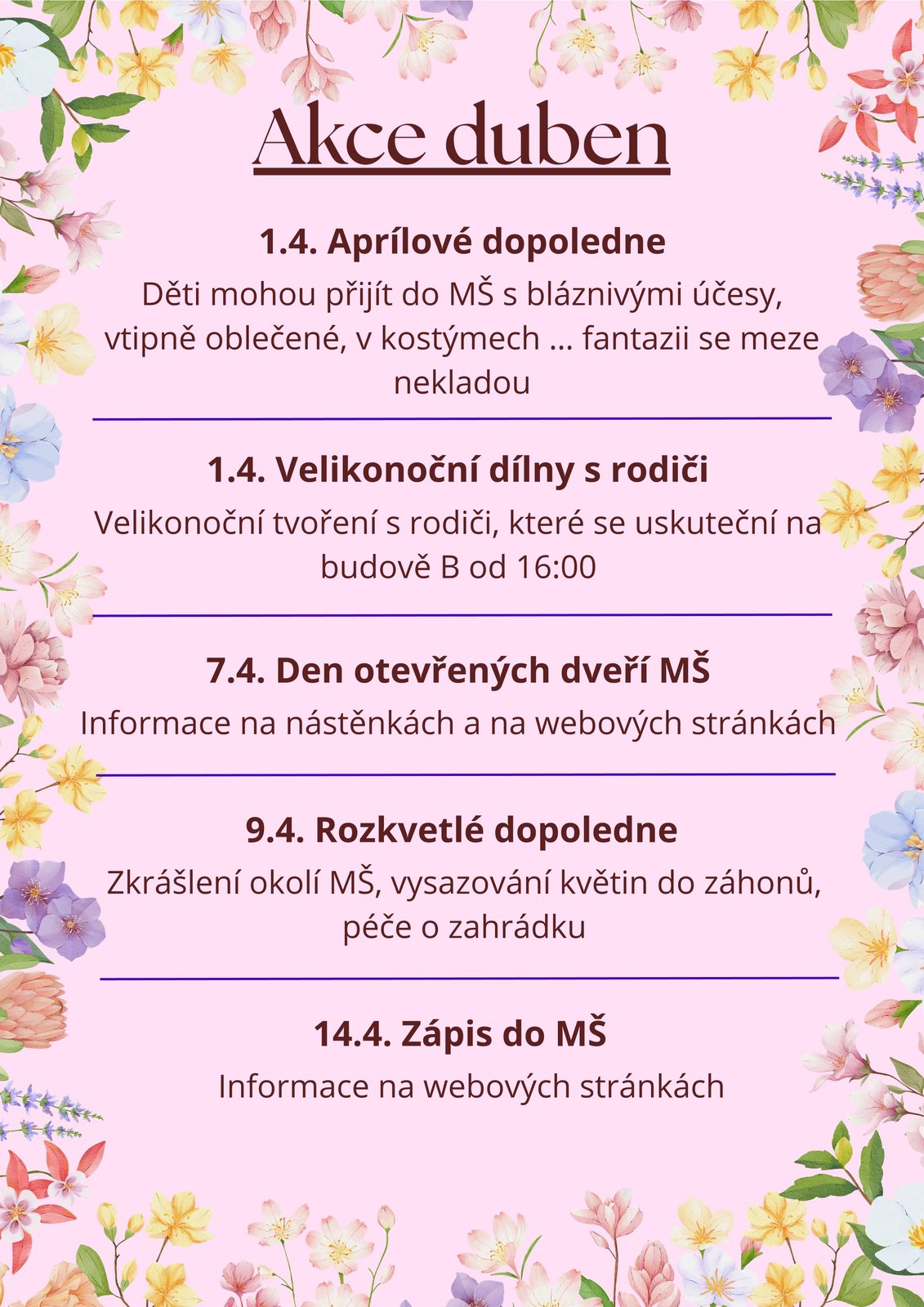 Dubnové akce v mateřské škole